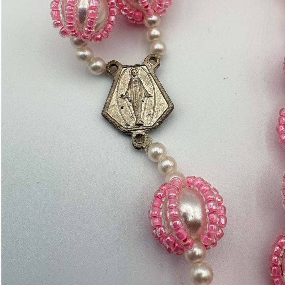 Handmade Pink Seed Bead Faux Pearl Rosary Silver Tone Crucifix Miraculous Medal - Picture 5 of 8